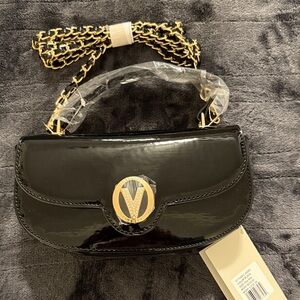 Valentino Orlandi Black Patent Crossbody Bag with Gold Chain